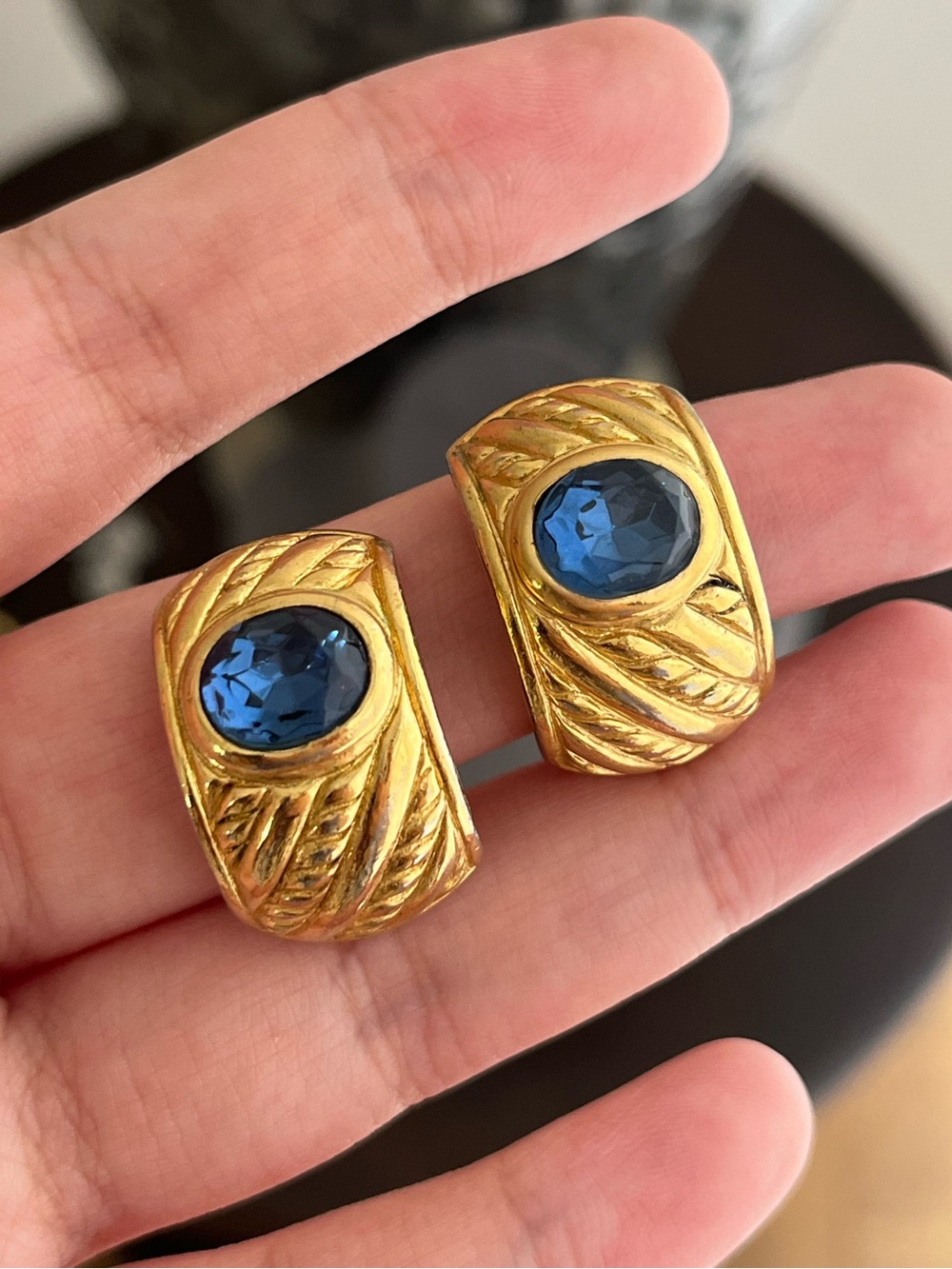 Authentic Vintage Dior Oval Blue Rhinestone Braided Gold Hoop Clip-On Earrings